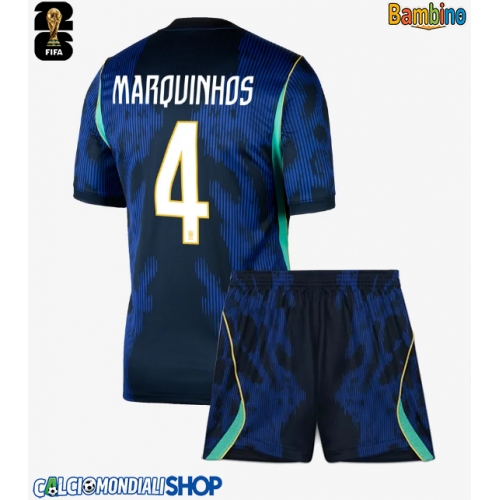 Maglie da calcio Brasile Marquinhos #4 Seconda Maglia Bambino Mondiali 2026  Manica Corta + Pantaloni corti)